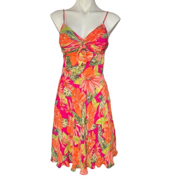 Sue Wong Size 12 Silk Floral Sundress Adjustable Straps Orange Red Green Lined - Picture 1 of 13